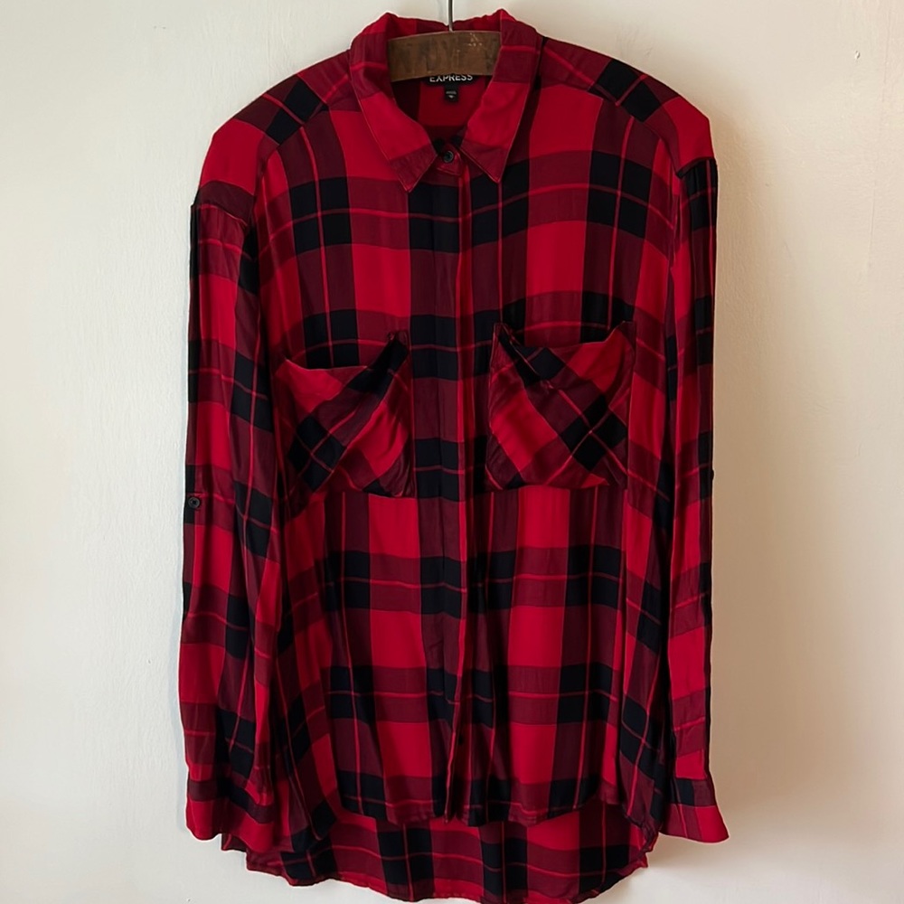 Express Red and Black Plaid Button Down Shirt